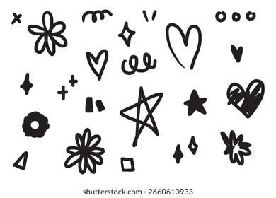 Doodle abstrakte handgezeichnet mit schwarz. Stern, Herz, Funkeln und Blume für Element und Illustration