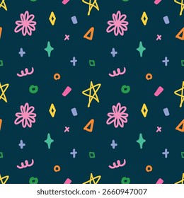 Doodle abstracto dibujado a mano sin patrón de fondo. Estrella, chispa, corazón y flor para envolver y Fondo de pantalla