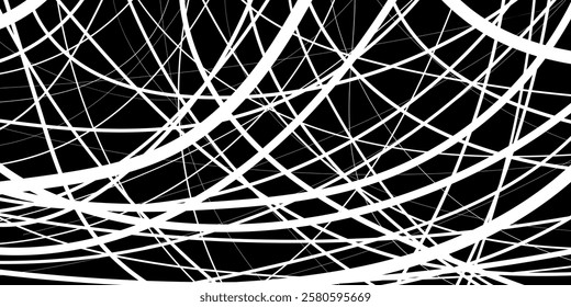 Doodle abstract horisontal background with chaotic stripes, tapes of different thickness in black, white colours. Hand drawn style, not AI vector illustration for banners, wallpaper, textile, wrapping