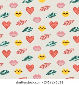 Doodle und abstrakte Symbole nahtlose Muster. Herz, Lippen und gestreifte Blätter wiederholen sich auf hellem Hintergrund. Farbformen im handmatischen Stil. Vektorgrafik.