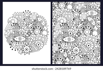 Doodle abstract ornament coloring pages set. Fantasy art background for coloring book  in US Letter format.  Black and white prints collection. Vector illustration