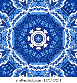 Doodle abstract ornamental winter background seamless vector pattern. Mandala art blue and white repeating design