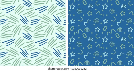 Doodle abstract patterns. Seamless texture with a floral pattern, dotted, squared, with hearts, abstract and with emoticons. Textures for fabrics, paper