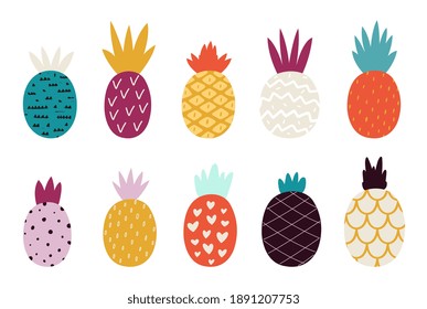 Doodle abstract pineapple. Colorful pineapples, trendy fruits print. Fresh textured exotic food drawing, isolated decorative scandinavian style plants vector collection