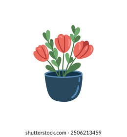 Doodle abstract pot with red tulips flowers. Hand drawn elements for design. Happy Valentine's Day. Stickers.