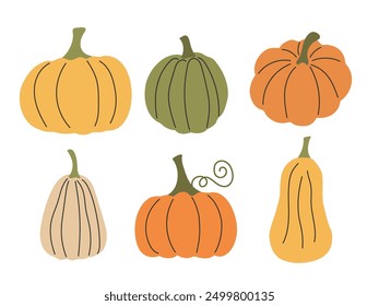 Doodle abstract Pumpkins set. Autumn Vegetable harvest. Cute Pumpkin silhouette isolated on white. Halloween Thanksgiving holiday element for card, invitation, banner, packaging design