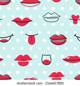 Doodle abstract red lips. Trendy female mouth and dots seamless pattern. Positive fashion girly cloth print, cute vector lip on polka dot background