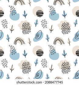 Doodle Abstract seamless Pattern with cloud, rainbow, tree, rain and moon. Trendy hand drawn textures Background. Abstractive design for paper, fabric, interior decor, wrapping.