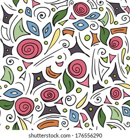 Doodle abstract seamless pattern. Floral and geometric elements