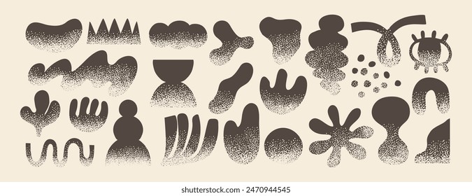 Doodle abstract shapes. Naive elements with noisy texture. Hand drawn nature creative figure, grunge brushes. Black geometry silhouette. Trendy quirky graphic shape. Vector set