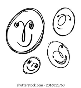 Doodle abstract smiling faces set. Hand-drawn portraits icons collection. Vector sketch illustration on isolated background.