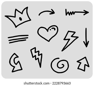 Doodle abstract of Swash Black Thin Line Set Include of Heart, Stroke, Circle and Arrow Sign in Vector illustration