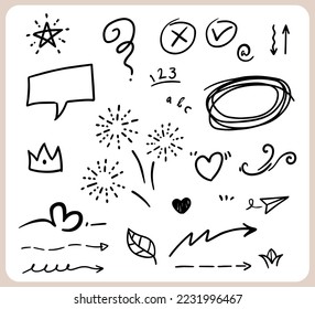 Doodle abstract of Swash Black Thin Line Set Include of Heart, Stroke, Circle and Arrow Sign in Vector illustration