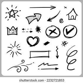 Doodle abstract of Swash Black Thin Line Set Include of Heart, Stroke, Circle and Arrow Sign in Vector illustration