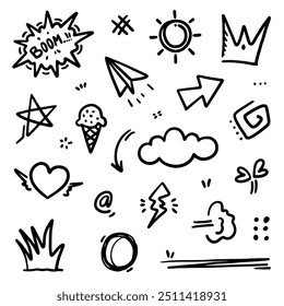 Doodle abstract of swash black thin line set include of Heart, Stroke, Circle and Arrow Sign in Vector illustration