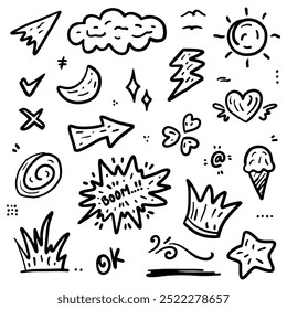 Doodle abstract of swash black thin line set include of Heart, Stroke, Circle and Arrow Sign in Vector illustration