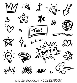 Doodle abstract of swash black thin line set include of Heart, Stroke, Circle and Arrow Sign in Vector illustration