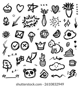 Doodle abstract of swash black thin line set include of Heart, Stroke, Circle and Arrow Sign in Vector illustration