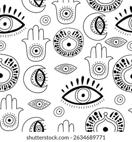 Doodle abstract turkish evil eye seamless pattern. Greek magic astrology design. Vector background
