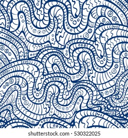 Doodle abstract vector seamless pattern, blue lines, cartoon waves