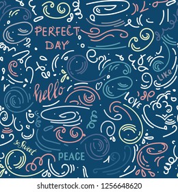 doodle abstract Wavy curved lines seamless vector pattern with text. Hand drawn dynamic shapes abstract background. scrawled artistic design elements. template cover fabric, books. abstract background