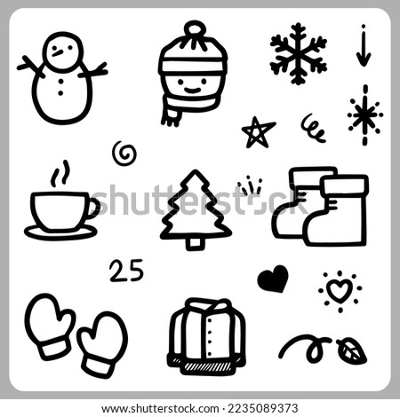 Doodle abstract of winter themes in Thin Line Set Include of snowman, people, and toolset snow in Vector illustration