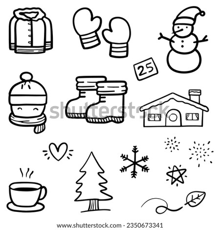 Doodle abstract of winter themes in Thin Line Set Include of snowman, people, and toolset snow in Vector illustration