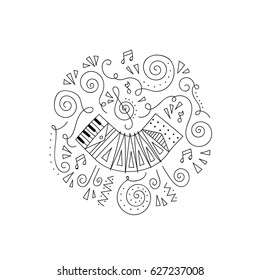 Doodle Accordion. Jazz festival coloring page. Decorative vector illustration. 