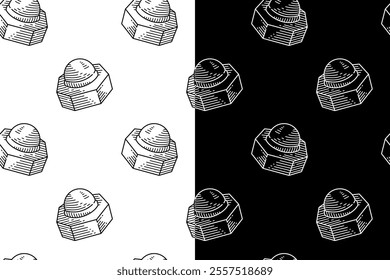 doodle acorn nut seamless pattern on black white background for print on packaging, stationery, merchandise.  retro acorn nut fastener pattern background. pattern of acorn nut line icon background