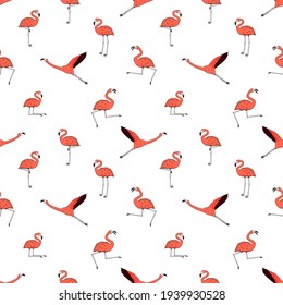 Doodle active flamingos, dancing, fly, sleep, rest, relax, dream, walk. Outline cartoon pink peach animals isolated on white background. Vector repeat seamless pattern