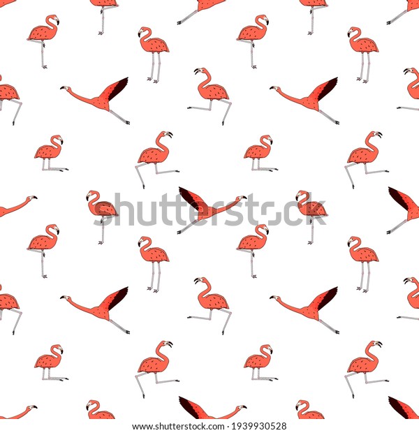 Doodle active flamingos, dancing, fly, sleep, rest, relax, dream, walk. Outline cartoon pink peach animals isolated on white background. Vector repeat seamless pattern