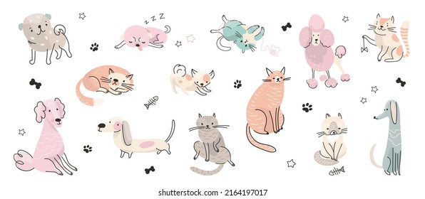 Doodle adorable pets. Cute dog portrait, pretty kitten relax different poses. Cats and dogs, cartoon drawing puppies. Isolated nowaday animals vector set