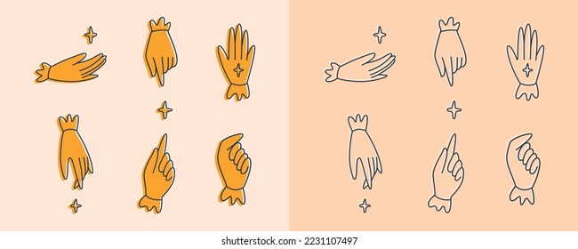 Doodle aesthetic hands set. Hand-drawn icons pack, isolated vector gestures.