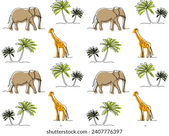 doodle African seamless pattern with one continuous line of art with palm trees, elephants and giraffes