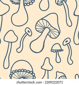 Doodle agaric mushrooms seamless pattern in 1970 style. Perfect aesthetic print for tee, paper, fabric, textile. Vector illustration for decor and design.


