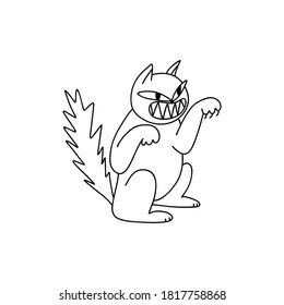 Doodle aggressive cat bares teeth isolated on white background. Vector stock illustration swinging paw releases claws. The angry cat is sitting on the defensive.