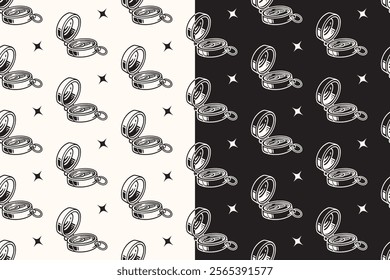 doodle aiming compass outdoor seamless pattern on black white background for camping adventure merchandise.  retro magnetic compass pattern background. pattern of aiming compass vector background