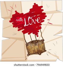 doodle air balloon with heart shaped dome on crumpled paper with love sign