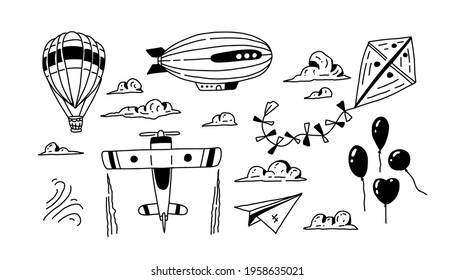 Doodle air transport. Set of cartoon travel icons with baloons, plane, clouds, hot air baloon and sky. Drawn vector art