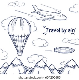 Doodle air trip concept with flying airplane balloon and airship on mountain landscape vector illustration
