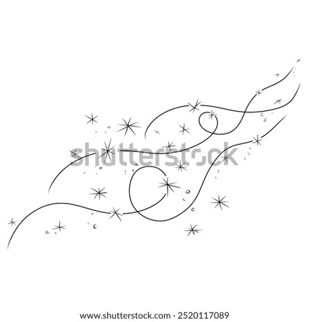 Doodle air wind and flying snowflakes in hurricane blow or windy storm, line vector. Winter season, snow in blowing motion with spiral windy twirls