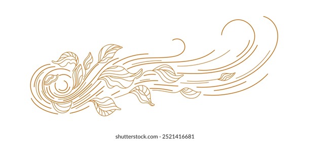 Doodle air wind and flying tea leaves in blow. Autumn weather with spiral twirls. Minimal outline sketch illustration. Cool breeze for nature design. Editable stroke