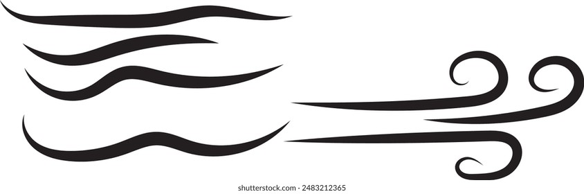 Doodle air wind motions. Isolated vector set of abstract swirls, blow waves, curve spirals in black colors, capturing the dynamic essence of movement and energy in a playful and artistic manner
