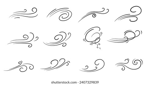 Doodle air wind motions, windy storm blows and hurricane flow waves and curls, vector icons. Wind cartoon effects in doodle line art, autumn wind blowing in speed motion, windy spiral clouds of breeze