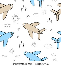 Doodle Aircraft seamless pattern. hand drawn background. Vector illustration