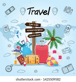 doodle airplane around the world concept summer banner plane aerial check in with Top world famous landmark blank on map space for text and content. vector, banner, Card, Hand Draw