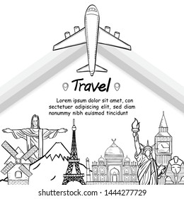 doodle airplane around the world concept summer banner plane aerial check in with Top world famous landmark blank on map space for text and content. vector, banner, Card, Hand Draw