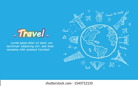 doodle airplane around the world concept summer banner plane aerial check in with Top world famous landmark blank on map space for text and content. vector, banner, Card, Hand Draw