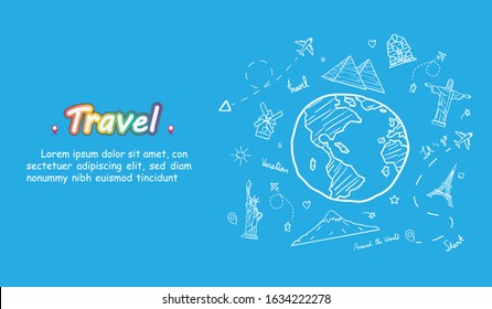 doodle airplane around the world concept summer banner plane aerial check in with Top world famous landmark blank on map space for text and content. vector, banner, Card, Hand Draw