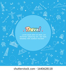 doodle airplane around the world concept summer banner plane aerial check in with Top world famous landmark blank on map space for text and content. vector, banner, Card, Hand Draw